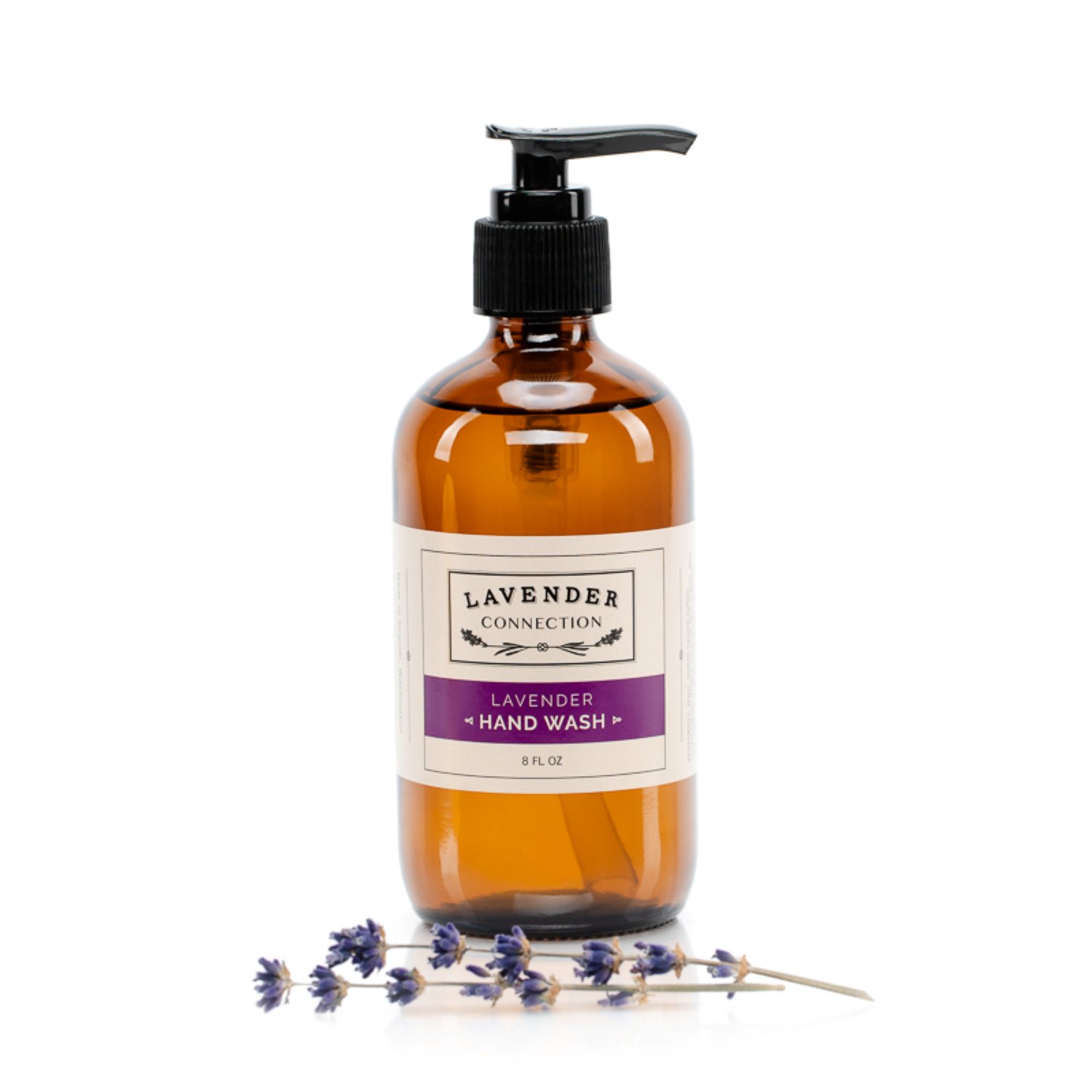 Lavender Connection 8 fl oz Lavender Hand Wash in an amber glass pump bottle